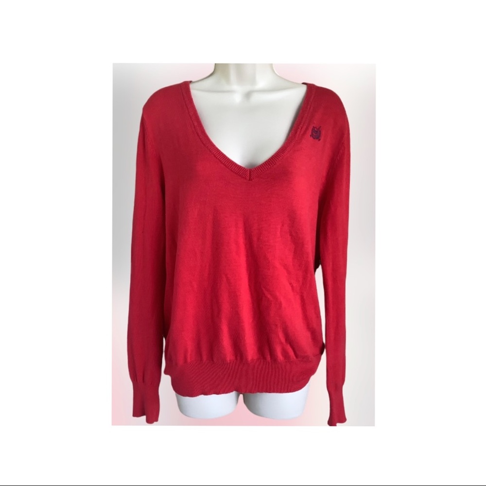 THRE3- Red women's sweater, size Large Long sleeves, V neck.